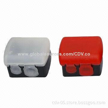 Pencil sharpener, made of stainless steel blade and BBS plastic canister with rubber cap